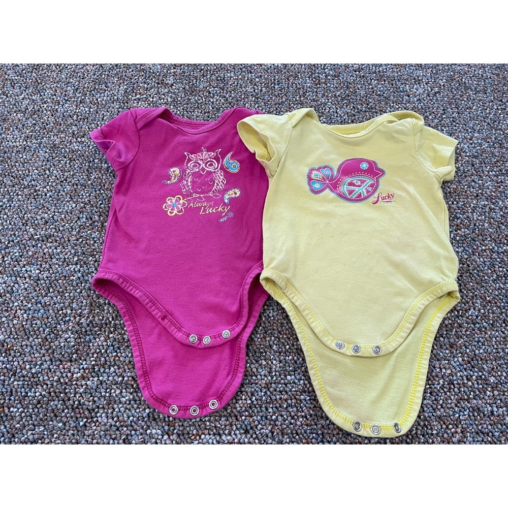 Lucky Brand Girls Yellow & Pink Bird Bodysuits 6-9M